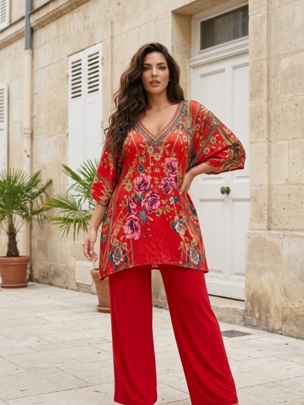 Embroidered Red V-Neck Tunic